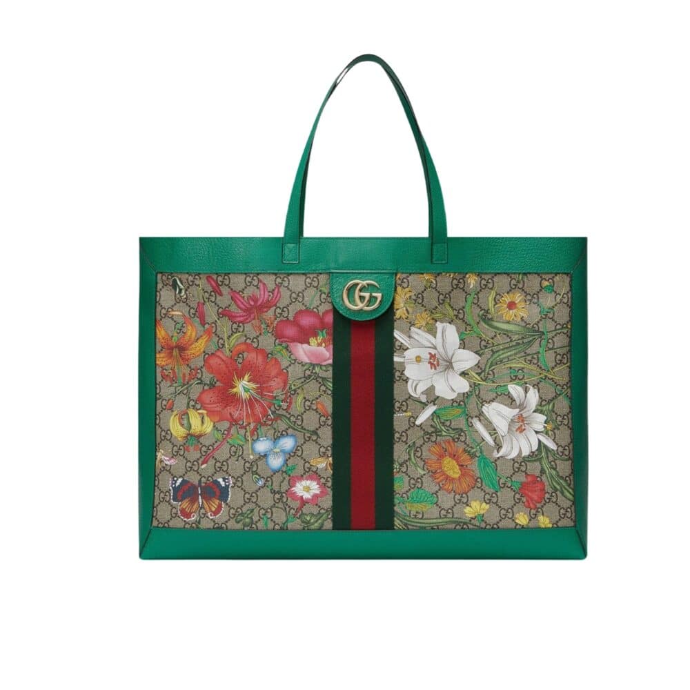 GUCCI OPHIDIA GG FLORA MEDIUM TOTE GREEN 44CM