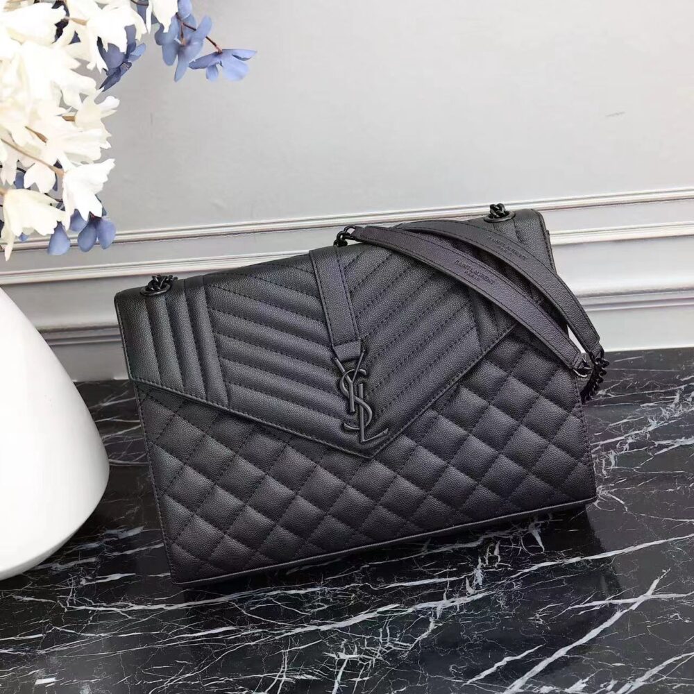 SAINT LAURENT ENVELOPE LARGE BAG IN MIX MATELASSÉ GRAIN DE POUDRE EMBOSSED LEATHER BLACK 31CM 600166BOW981000 - Image 9