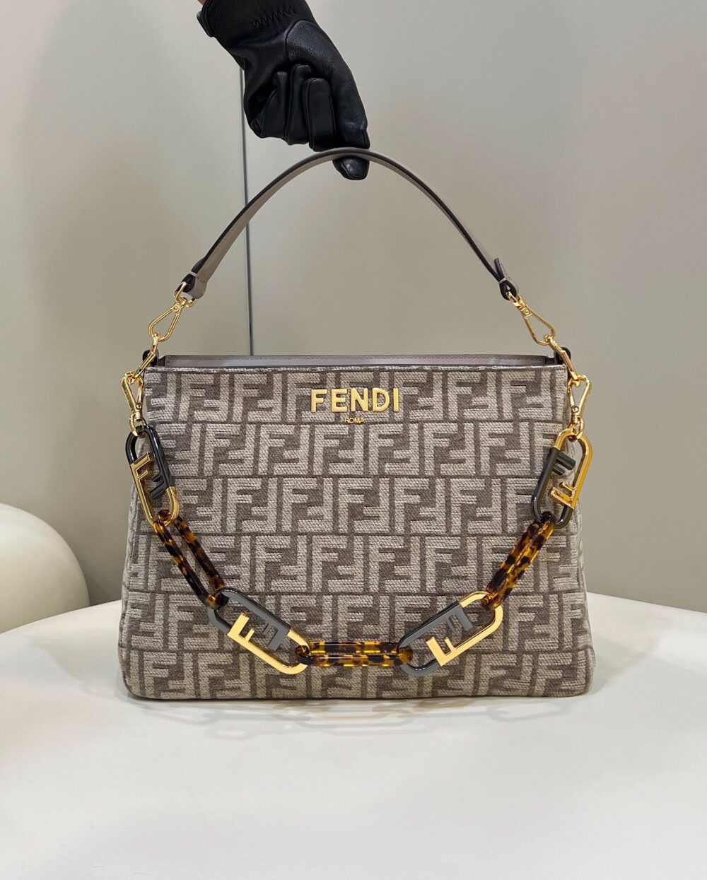 FENDI OLOCK ZIP DOVE GREY TAPESTRY FABRIC BAG 8BR805ALFVF1IQU - Image 8