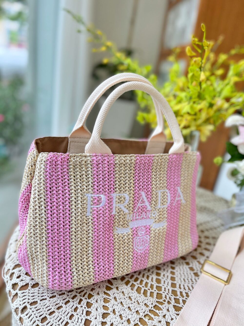 PRADA RAFFIA TOTE BAG TAN AND PINK 1BG4222A2TF0NJXVOOR - Image 3