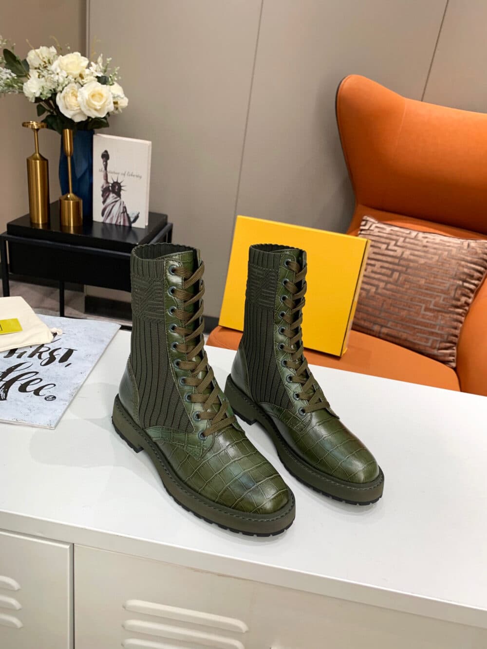 FENDI LEATHER BIKER BOOTS WITH FF CUFF GREEN - Image 2