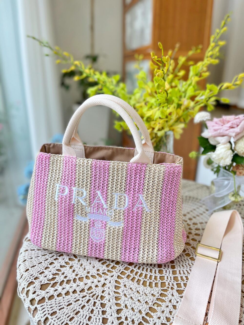 PRADA RAFFIA TOTE BAG TAN AND PINK 1BG4222A2TF0NJXVOOR - Image 4