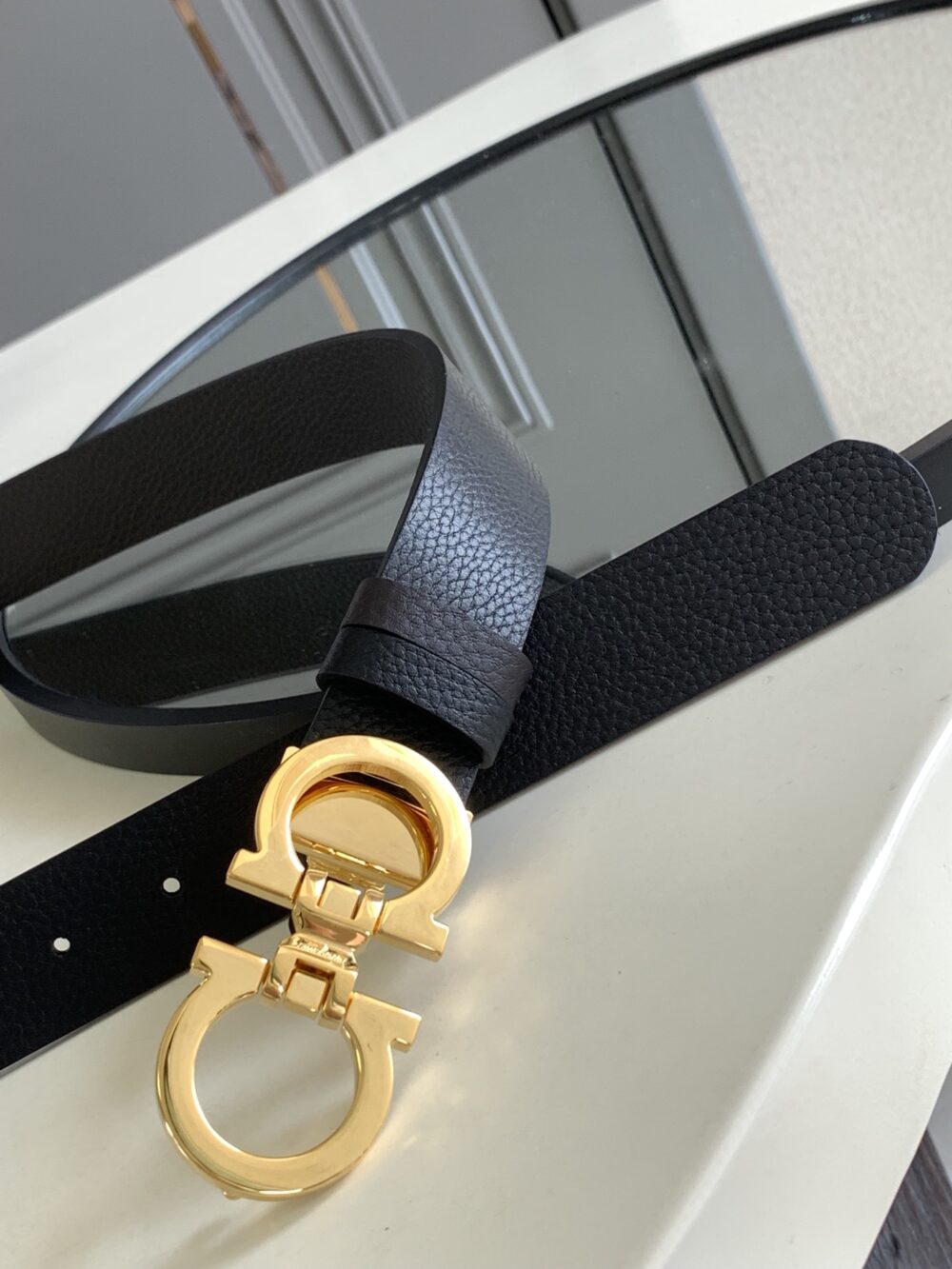 SALVATORE FERRAGAMO BLACK LEATHER BELT WITH SILVER METAL BUCKLE 3.5CM - Image 5