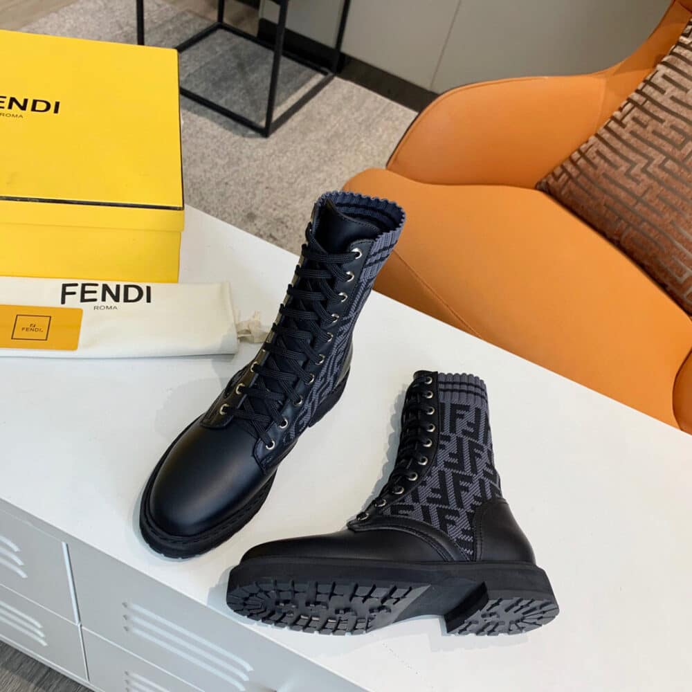 FENDI ROCKOKO LEATHER BIKER BOOTS WITH STRETCH FABRIC GRAY - Image 2