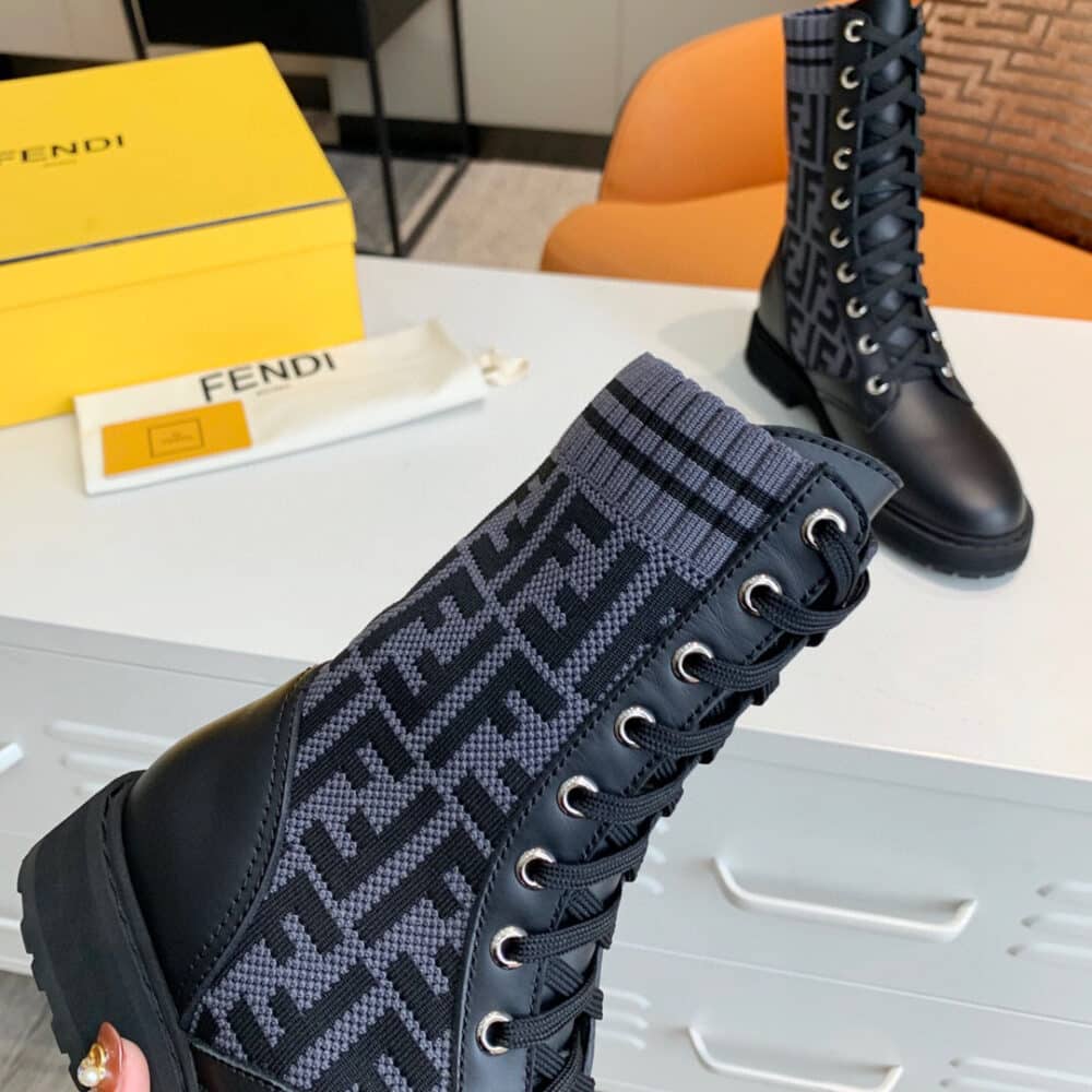 FENDI ROCKOKO LEATHER BIKER BOOTS WITH STRETCH FABRIC GRAY - Image 3