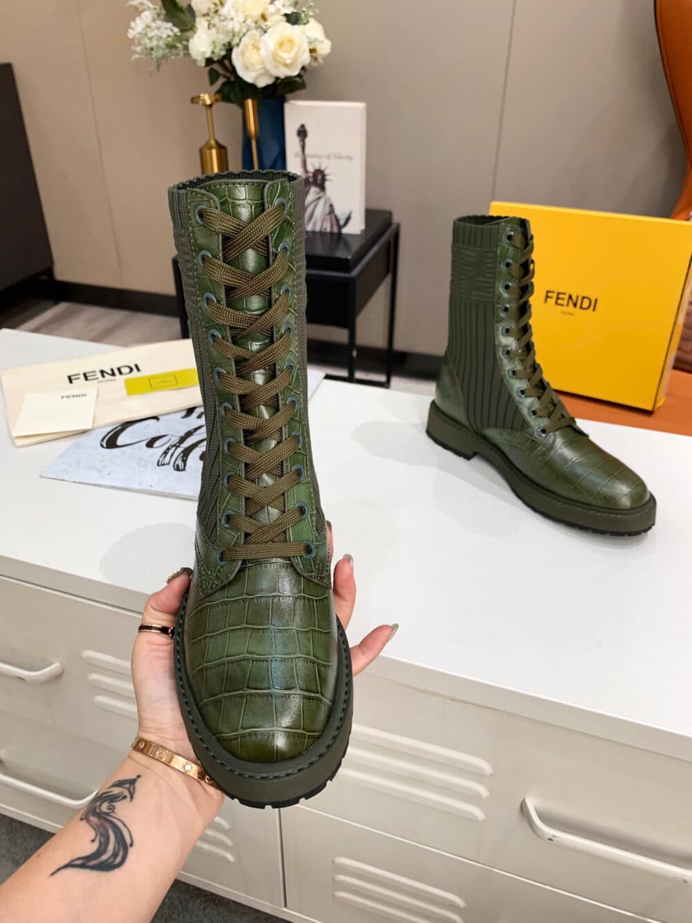 FENDI LEATHER BIKER BOOTS WITH FF CUFF GREEN - Image 4