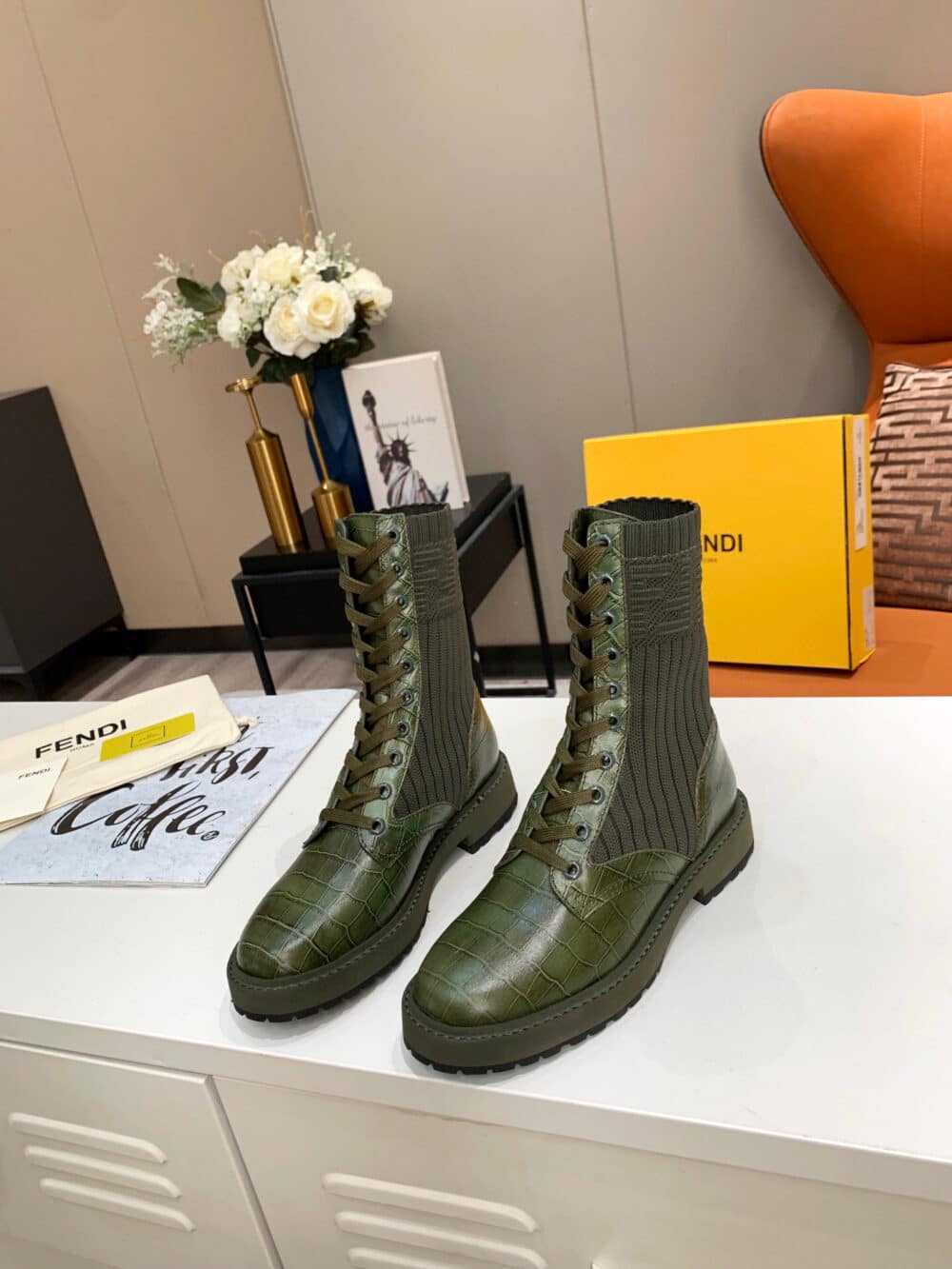 FENDI LEATHER BIKER BOOTS WITH FF CUFF GREEN - Image 5