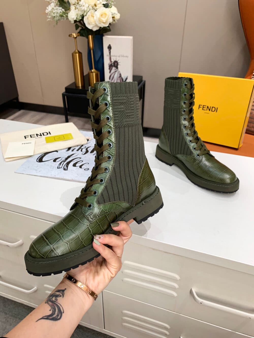 FENDI LEATHER BIKER BOOTS WITH FF CUFF GREEN - Image 6