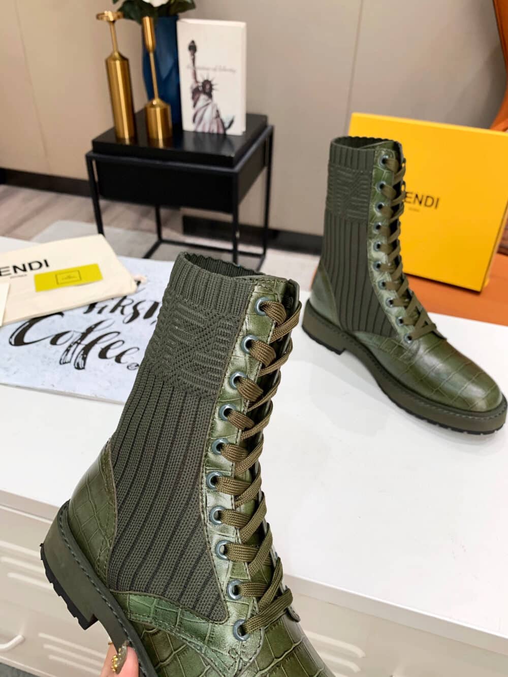 FENDI LEATHER BIKER BOOTS WITH FF CUFF GREEN - Image 8