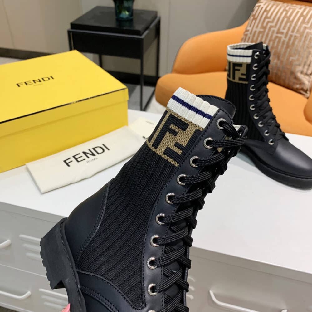 FENDI LEATHER BIKER BOOTS WITH BEIGE FF CUFF BLACK - Image 3