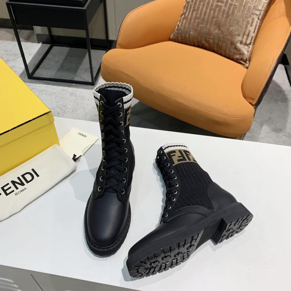 FENDI LEATHER BIKER BOOTS WITH BEIGE FF CUFF BLACK - Image 4