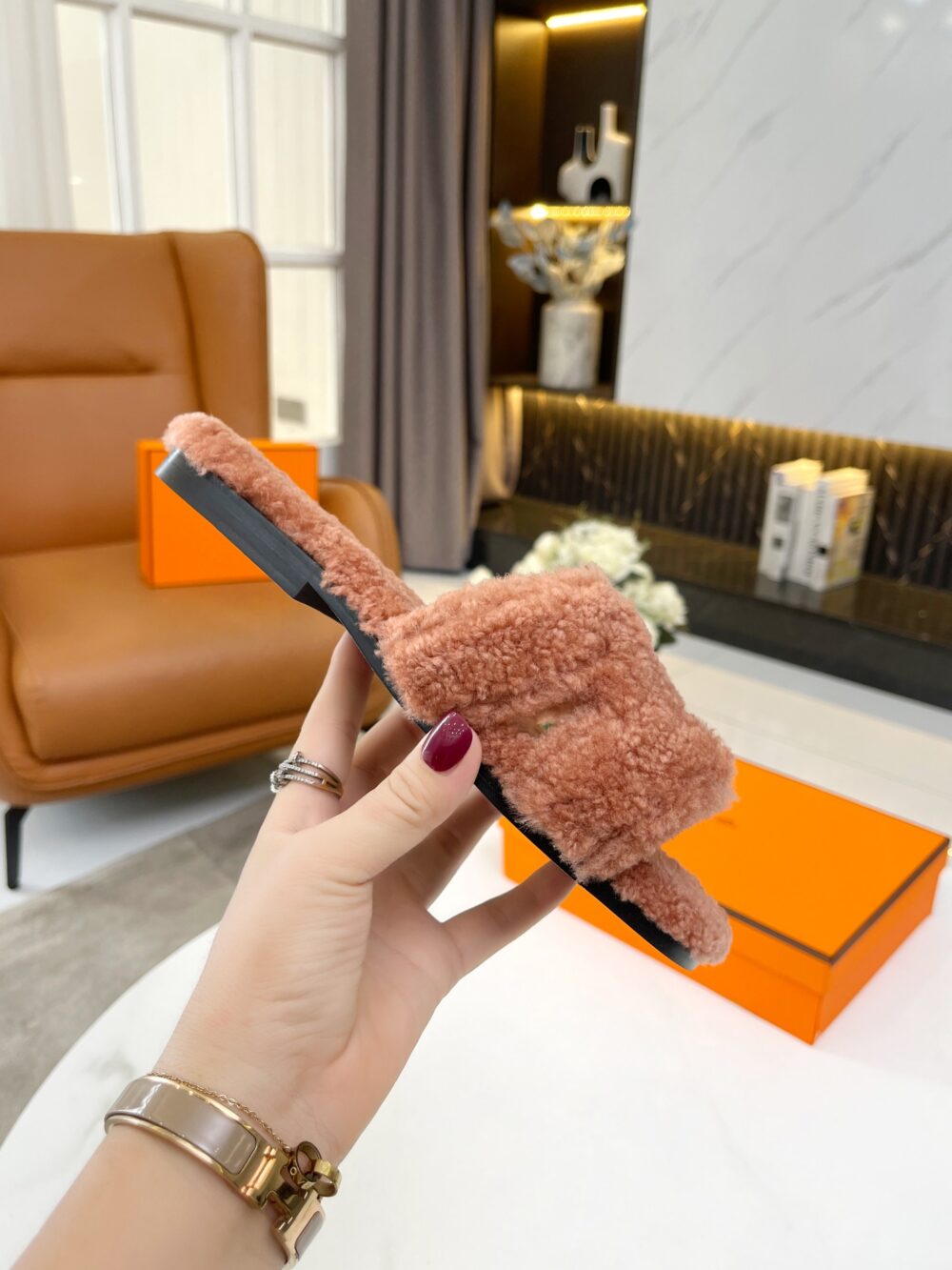 HERMES SHEARLING ORAN TEDDY BEAR SLIPPER SANDALS - Image 8