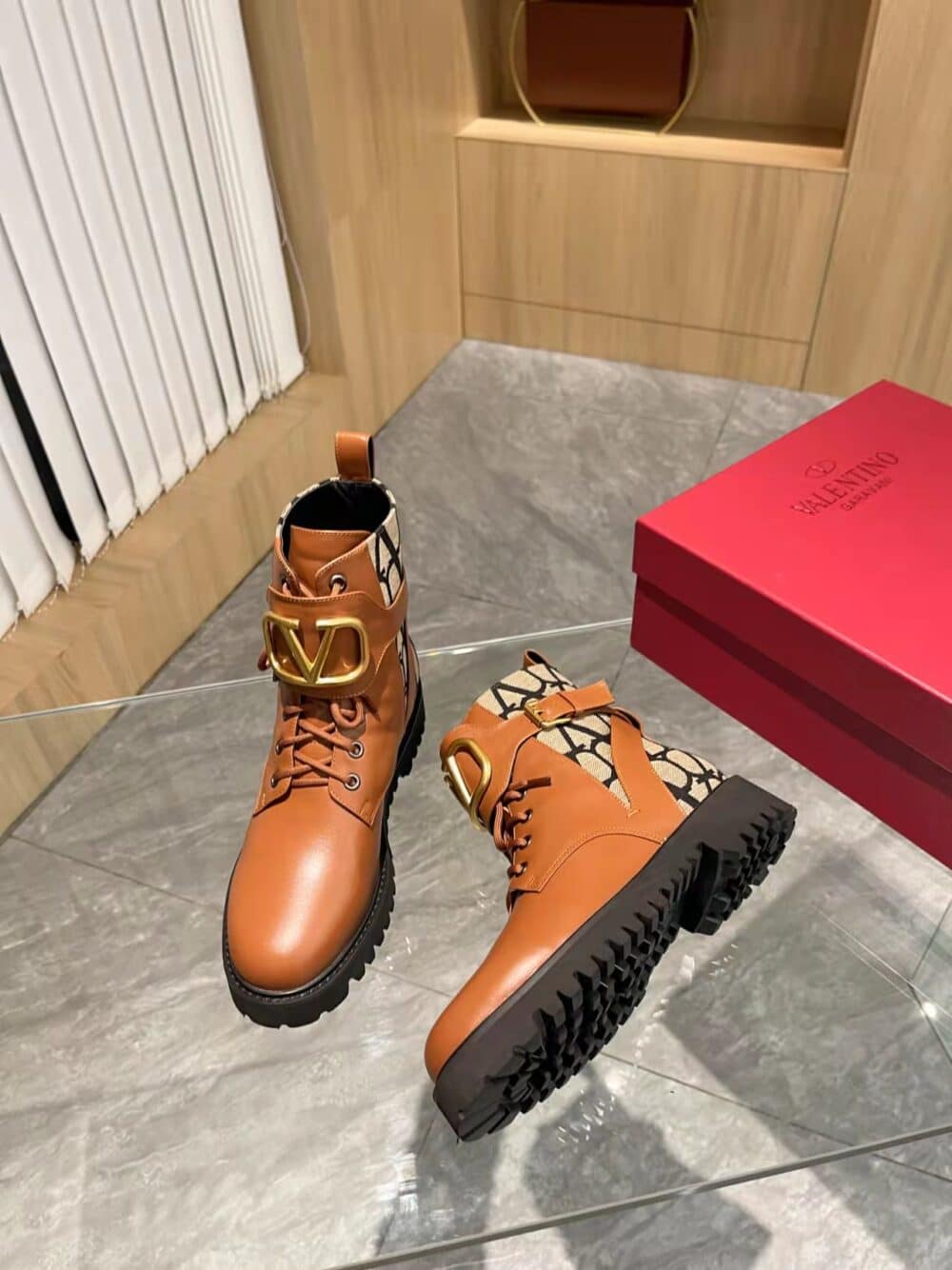 VALENTINO VLOGO SIGNATURE COMBAT BOOT IN CALFSKIN AND TOILE ICONOGRAPHE BROWN - Image 6