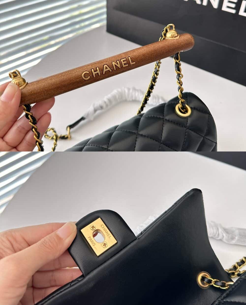 CHANEL FLAP BAG WITH TOP HANDLE LAMBSKIN AND WENGE WOOD BLACK 20CM AS4151 B13085 94305 - Image 3