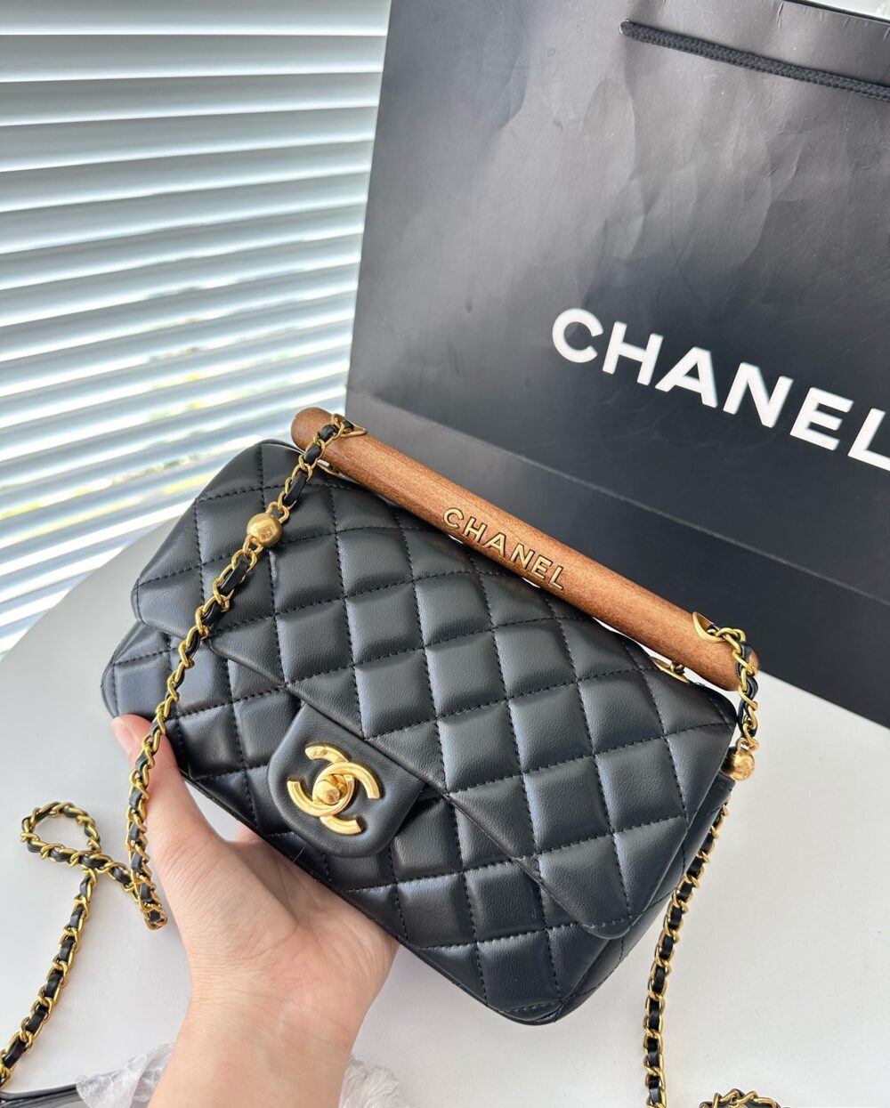 CHANEL FLAP BAG WITH TOP HANDLE LAMBSKIN AND WENGE WOOD BLACK 20CM AS4151 B13085 94305 - Image 7