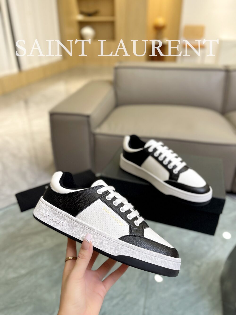 SAINT LAURENT PERFORATED LEATHER SNEAKERS BLACK AND WHITE - Image 5