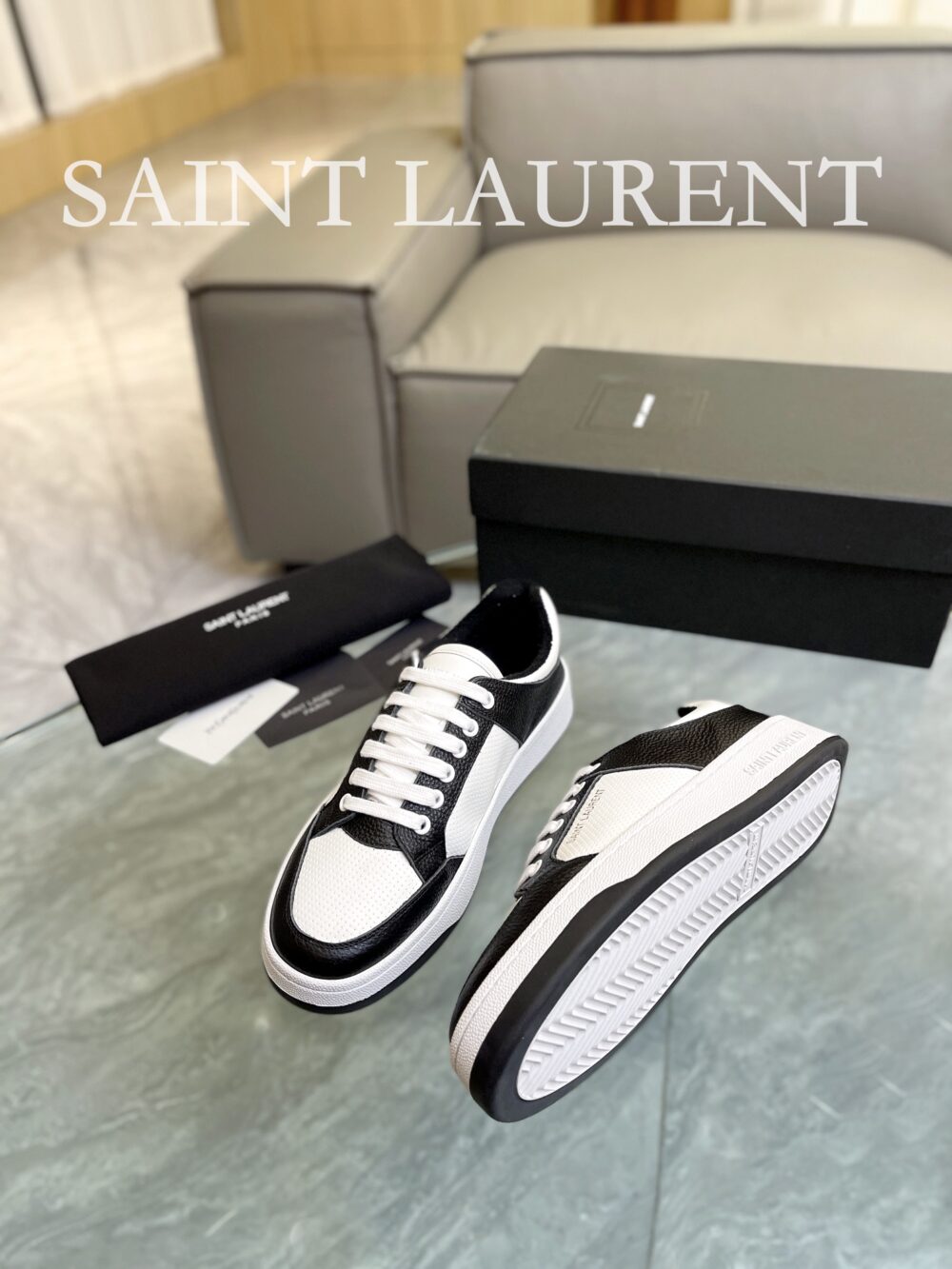 SAINT LAURENT PERFORATED LEATHER SNEAKERS BLACK AND WHITE - Image 6