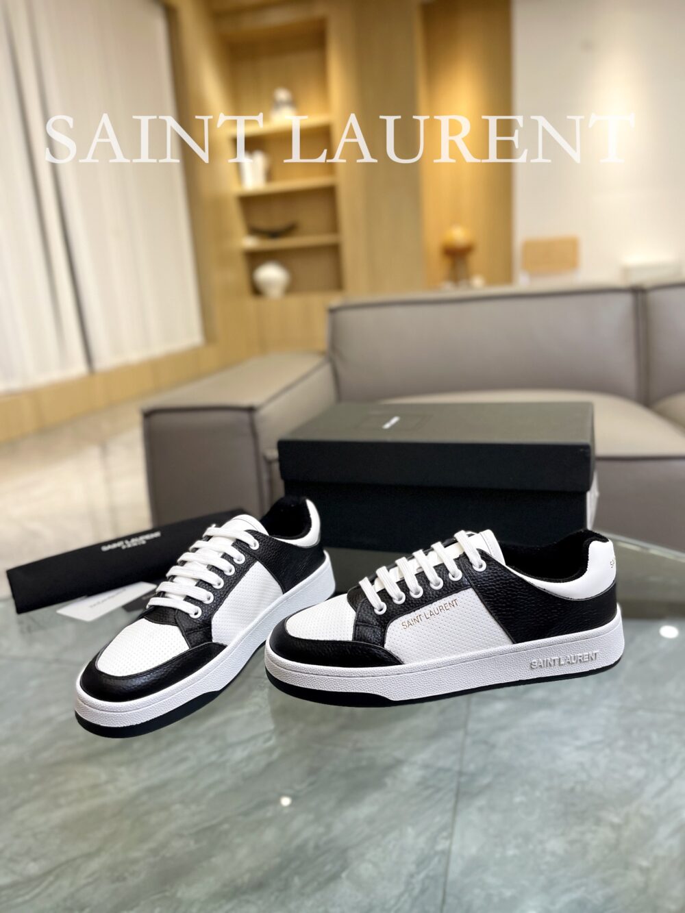 SAINT LAURENT PERFORATED LEATHER SNEAKERS BLACK AND WHITE - Image 7