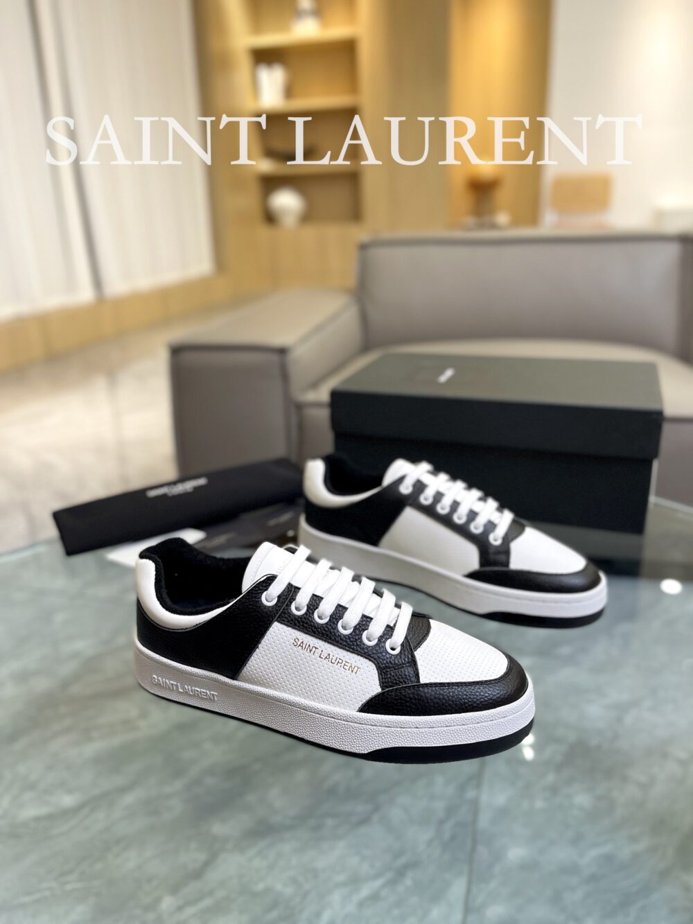 SAINT LAURENT PERFORATED LEATHER SNEAKERS BLACK AND WHITE - Image 9