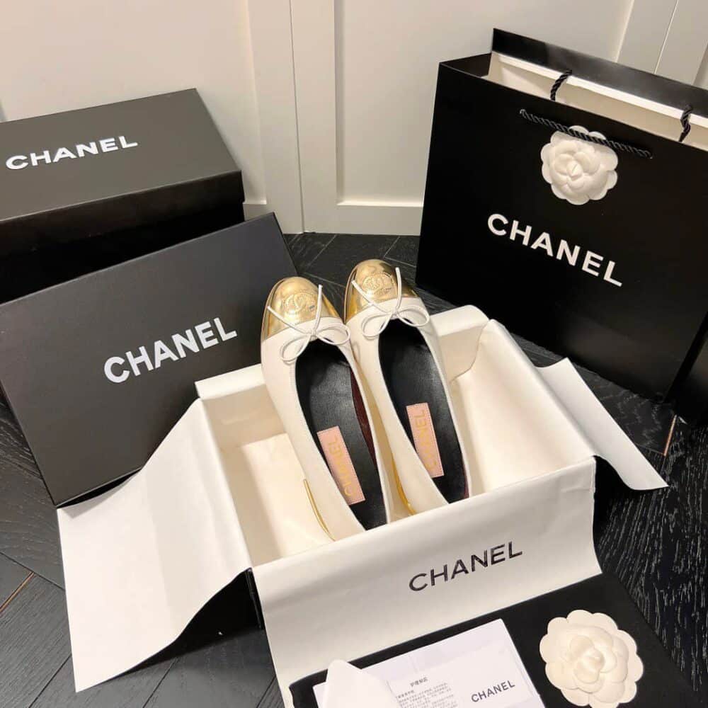 CHANEL LEATHER CAP TOE BALLET FLATS WHITE GOLD - Image 8