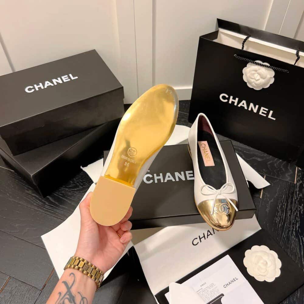 CHANEL LEATHER CAP TOE BALLET FLATS WHITE GOLD - Image 9