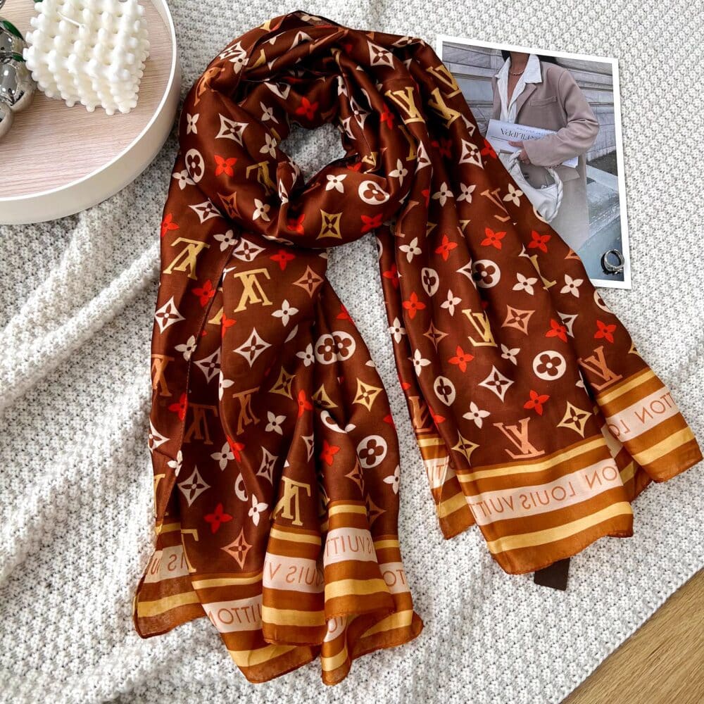 LOUIS VUITTON COLORFUL MONOGRAM SCARF BROWN 180CM - Image 6