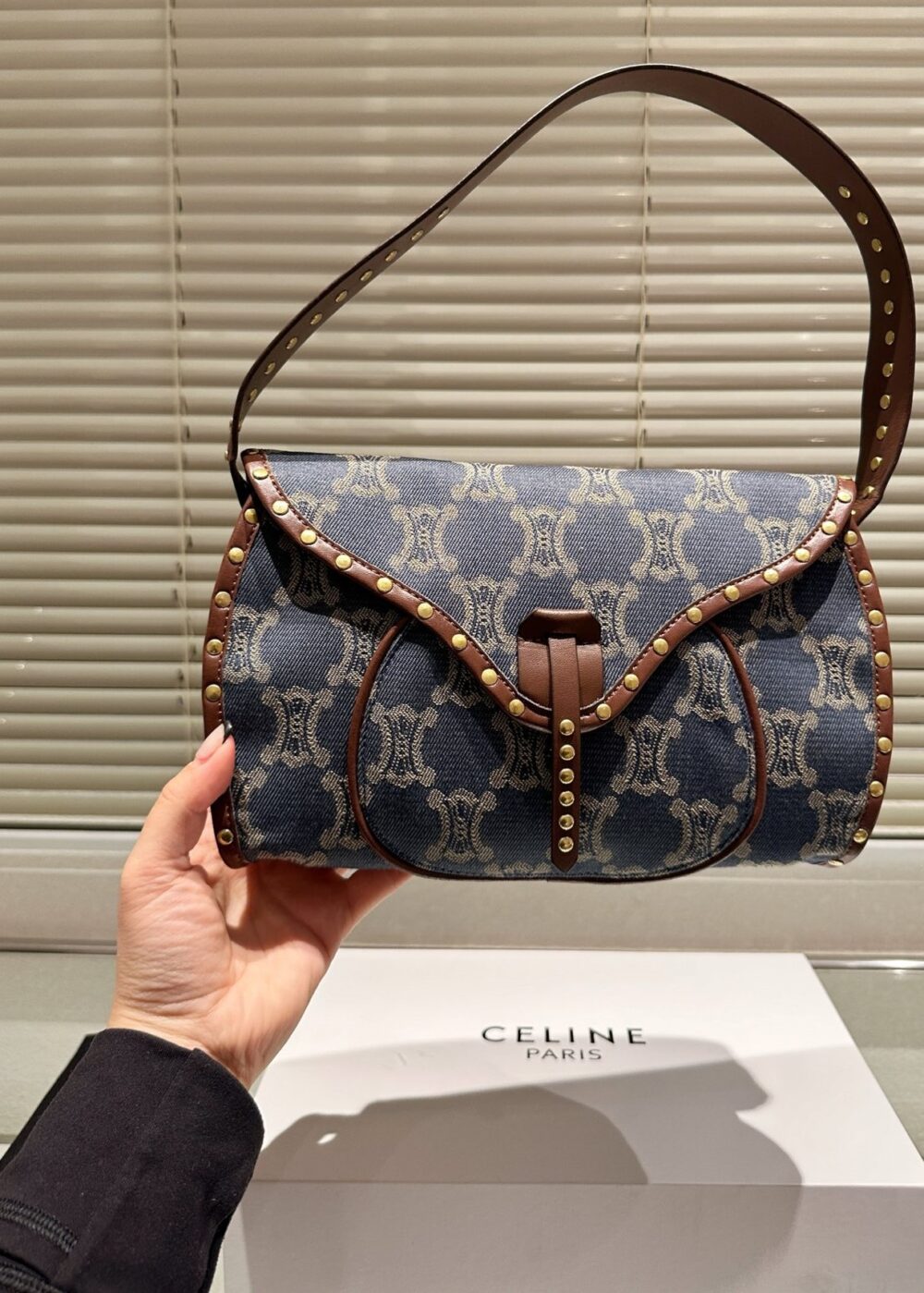 CELINE STUDDED BAGUETTE BAG MACADAM DENIM BLUE BROWN 25CM - Image 6