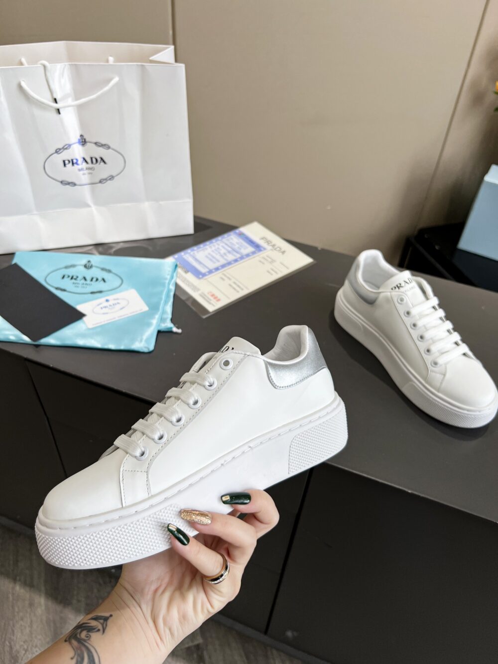 PRADA SNEAKERS IN WHITE LEATHER WITH SILVER LOGO - Image 6