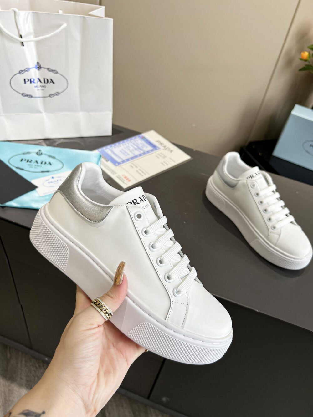 PRADA SNEAKERS IN WHITE LEATHER WITH SILVER LOGO - Image 4