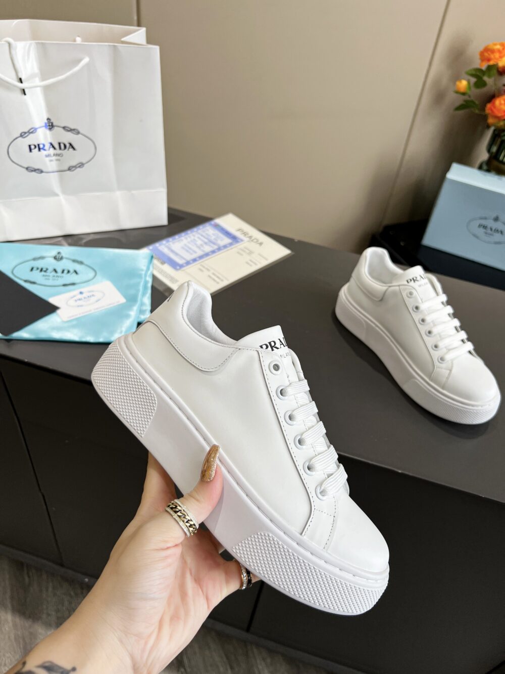 PRADA SNEAKERS IN WHITE LEATHER WITH WHITE - Image 6