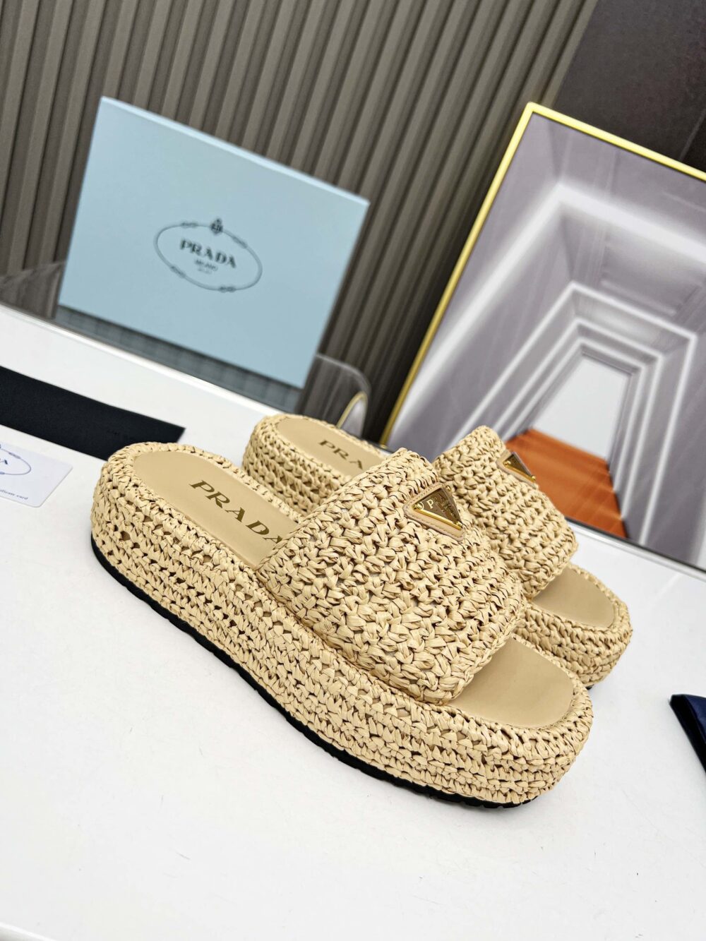 PRADA NATURAL CROCHET PLATFORM SLIDES - Image 2