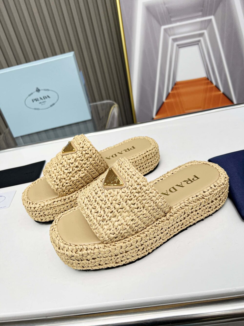 PRADA NATURAL CROCHET PLATFORM SLIDES - Image 3