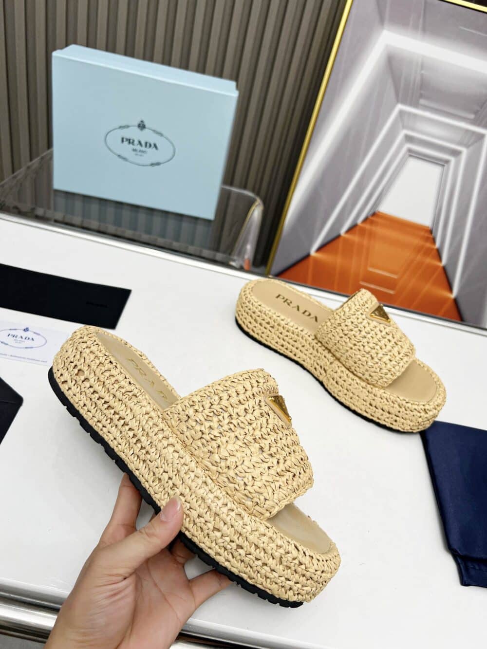 PRADA NATURAL CROCHET PLATFORM SLIDES - Image 5