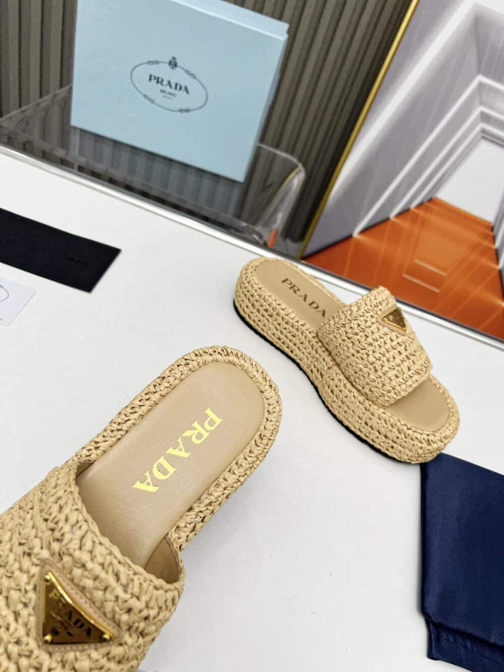 PRADA NATURAL CROCHET PLATFORM SLIDES - Image 6