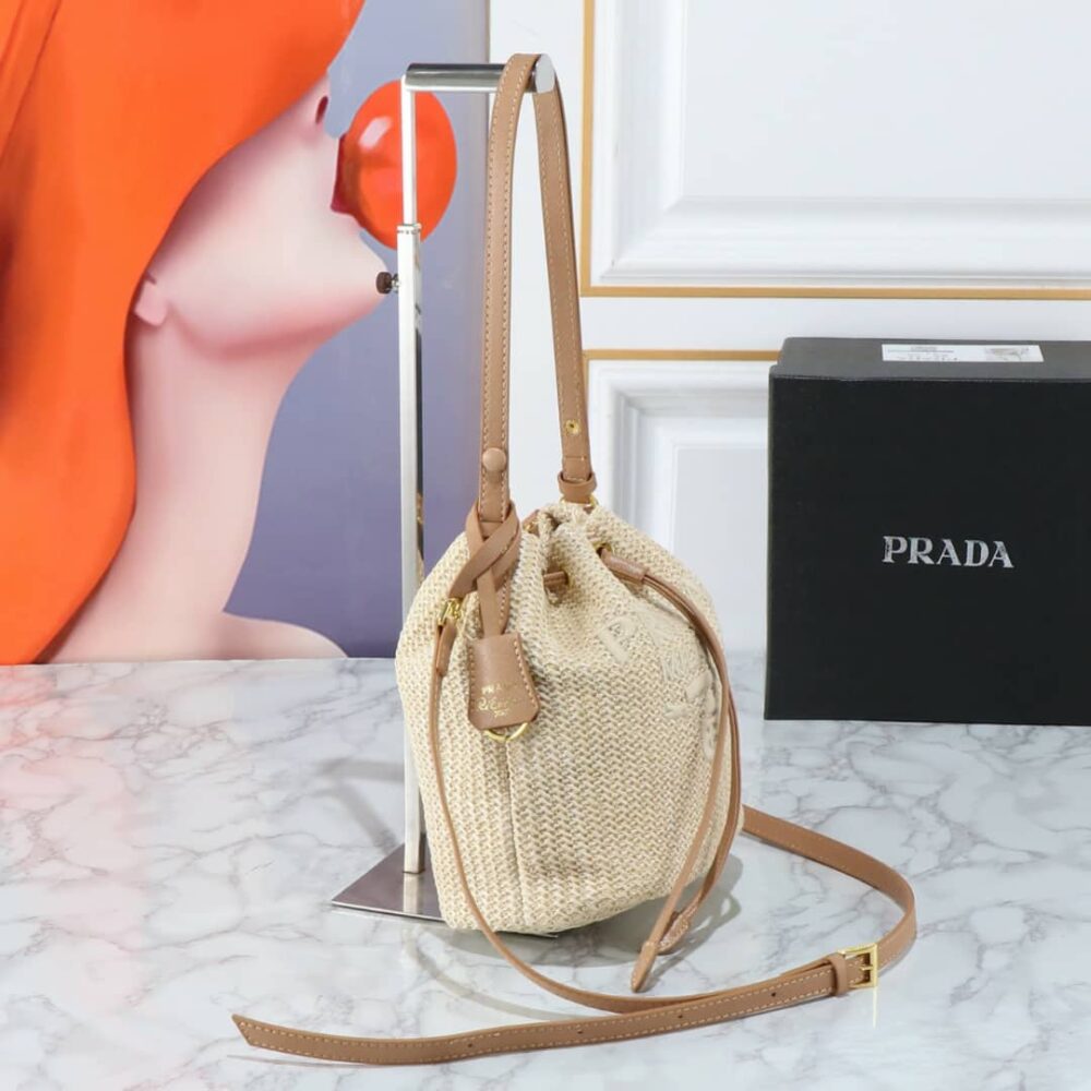 PRADA CROCHET AND LEATHER BUCKET BAG NATURAL 24CM 1BE068 2M2T F0018 V OUO - Image 8