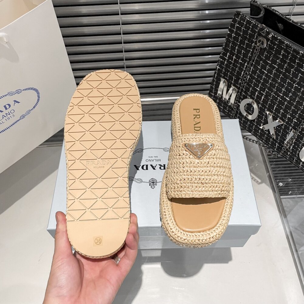 PRADA NATURAL CROCHET PLATFORM SLIDES - Image 7