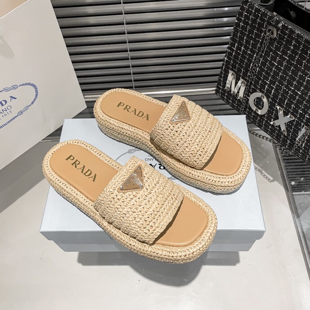 PRADA NATURAL CROCHET PLATFORM SLIDES - Image 8