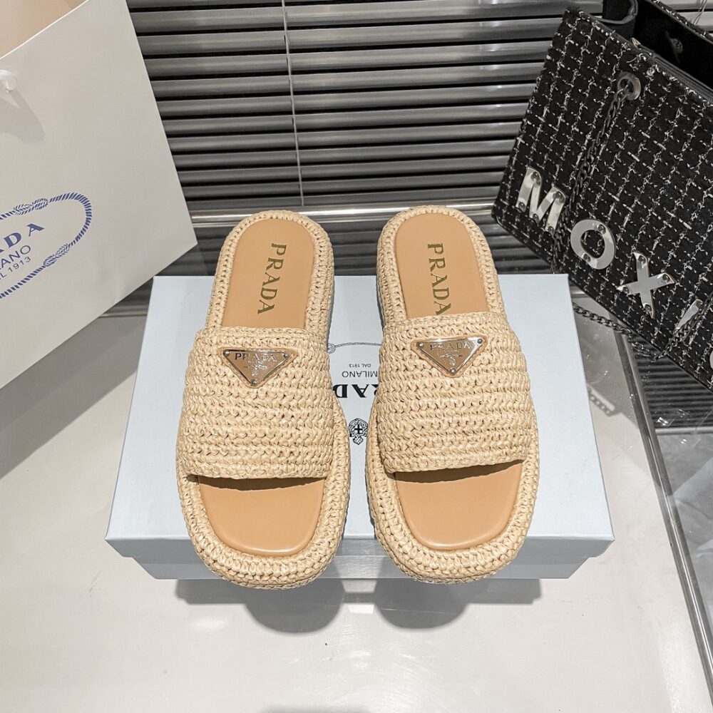 PRADA NATURAL CROCHET PLATFORM SLIDES - Image 9