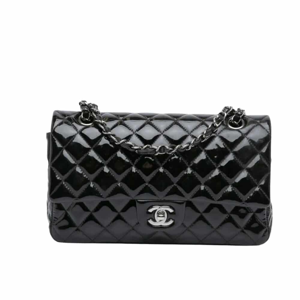 CHANEL MEDIUM CLASSIC DOUBLE FLAP BAG PATENT LEATHER BLACK 26CM