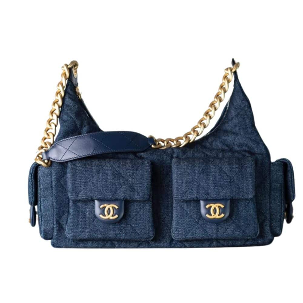 CHANEL LARGE HOBO BAG WASHED DENIM AND GOLD TONE METAL DARK BLUE 31CM