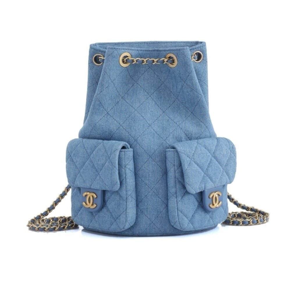 CHANEL 25C GOLD TONE METAL DENIM BACKPACK BLUE 24CM