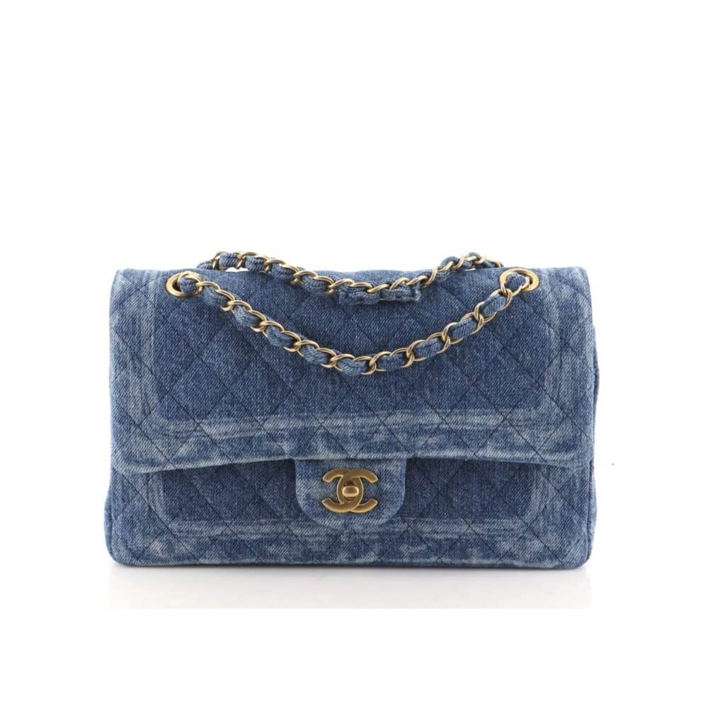 CHANEL CLASSIC DOUBLE FLAP BAG QUILTED PRINTED DENIM MEDIUM BLUE 25CM