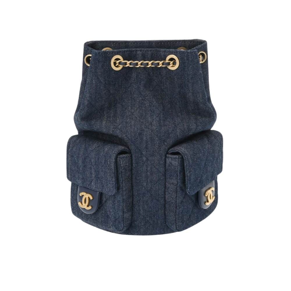 CHANEL 25C GOLD TONE METAL DENIM BACKPACK NAVY BLUE 24CM