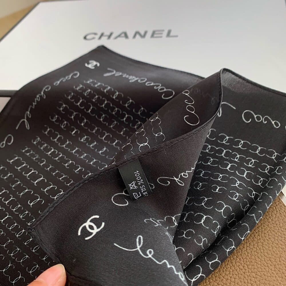 CHANEL COCO SIGNATURE SILK SCARF IN BLACK 70CM - Image 5