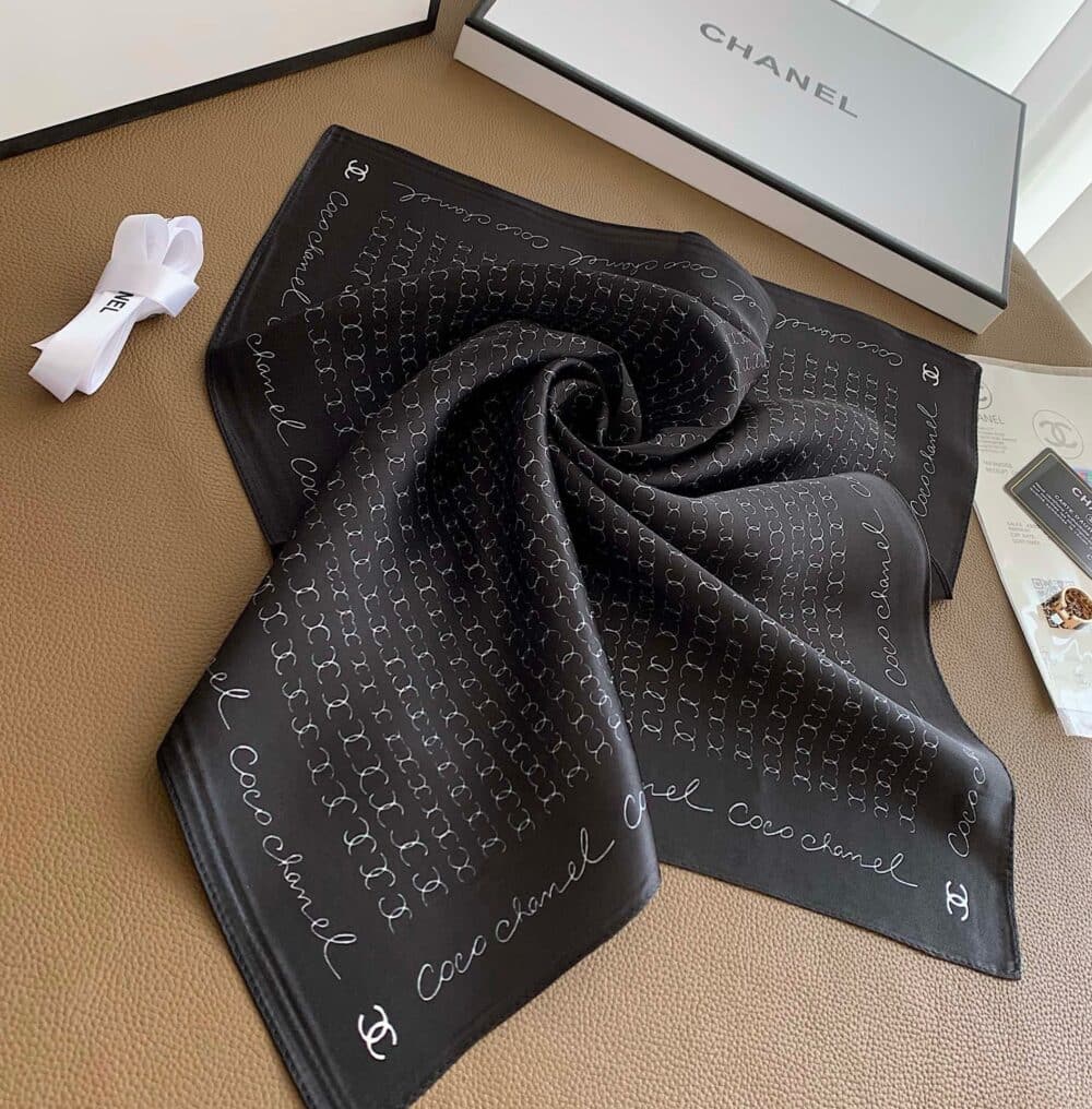 CHANEL COCO SIGNATURE SILK SCARF IN BLACK 70CM - Image 4