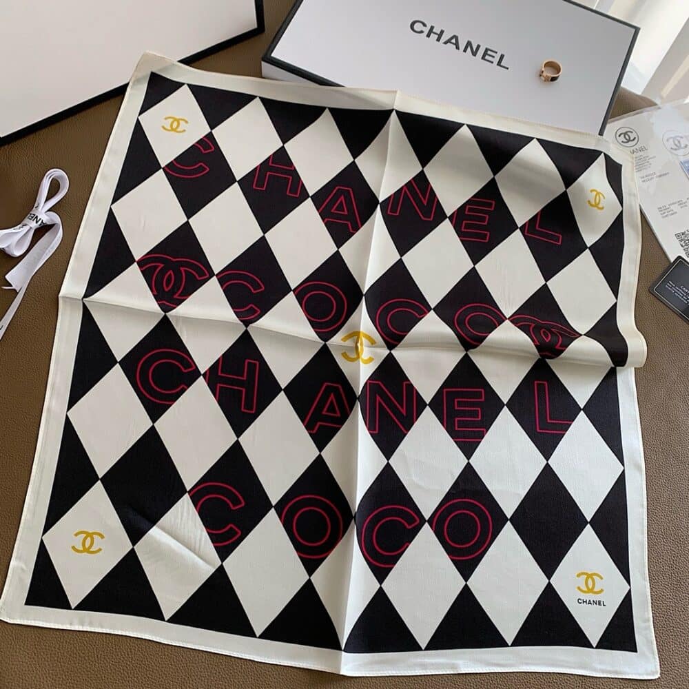 CHANEL COCO CARO SILK SCARF IN WHITE AND BLACK 70CM - Image 4