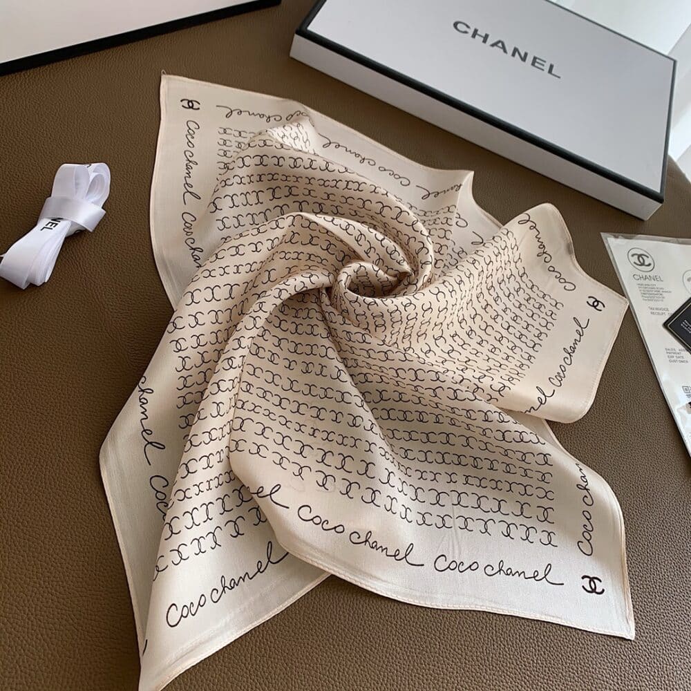 CHANEL COCO SIGNATURE SILK SCARF IN BEIGE 70CM - Image 3