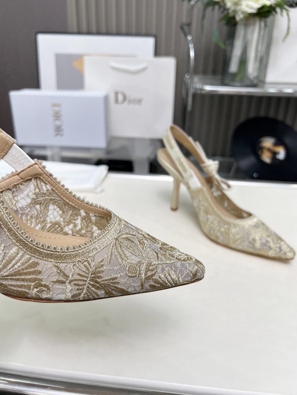 DIOR J'ADIOR SLINGBACK PUMP TRANSPARENT MESH EMBROIDERED IN BEIGE KDV039CXT S62K - Image 7