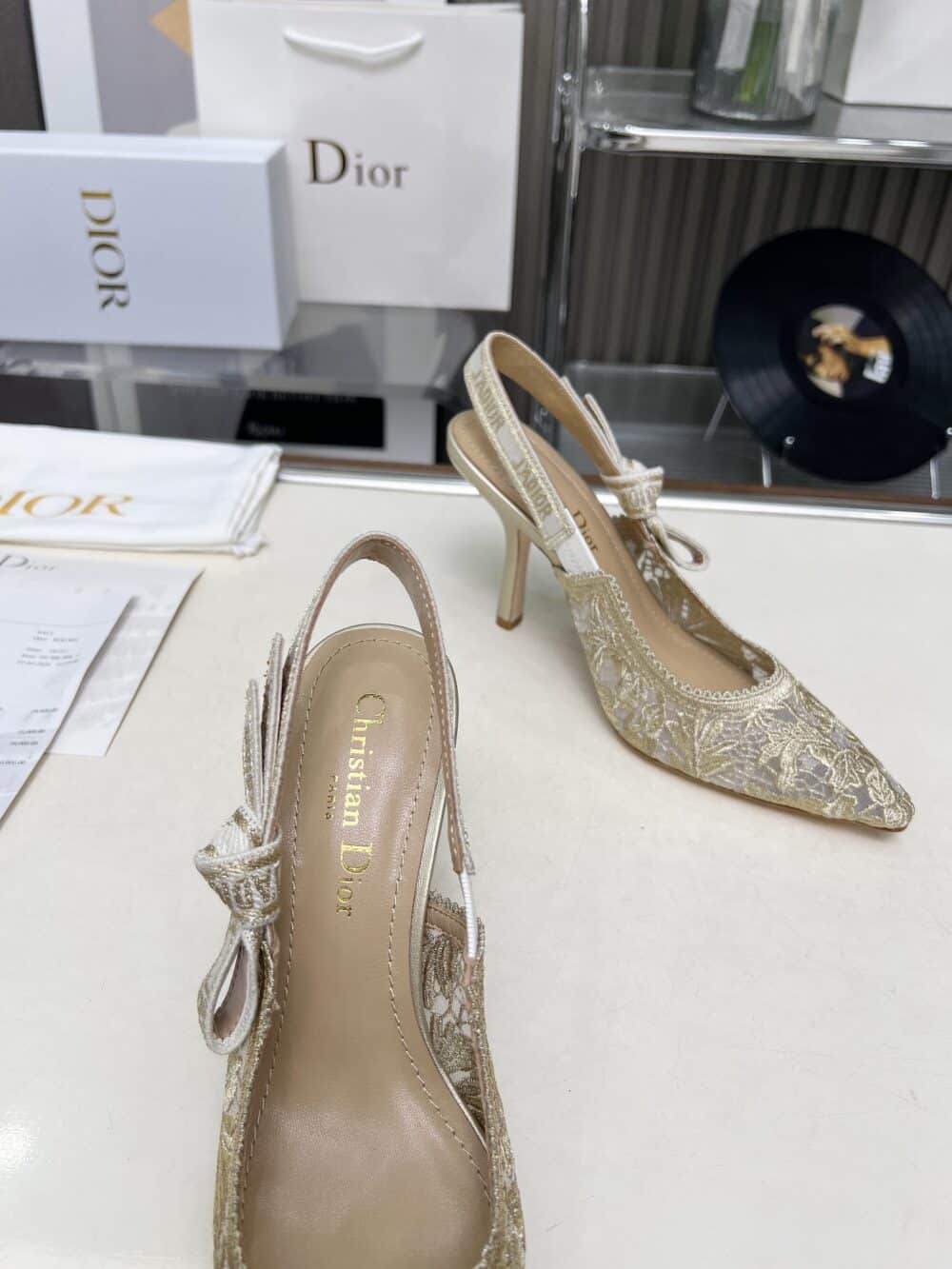 DIOR J'ADIOR SLINGBACK PUMP TRANSPARENT MESH EMBROIDERED IN BEIGE KDV039CXT S62K - Image 4