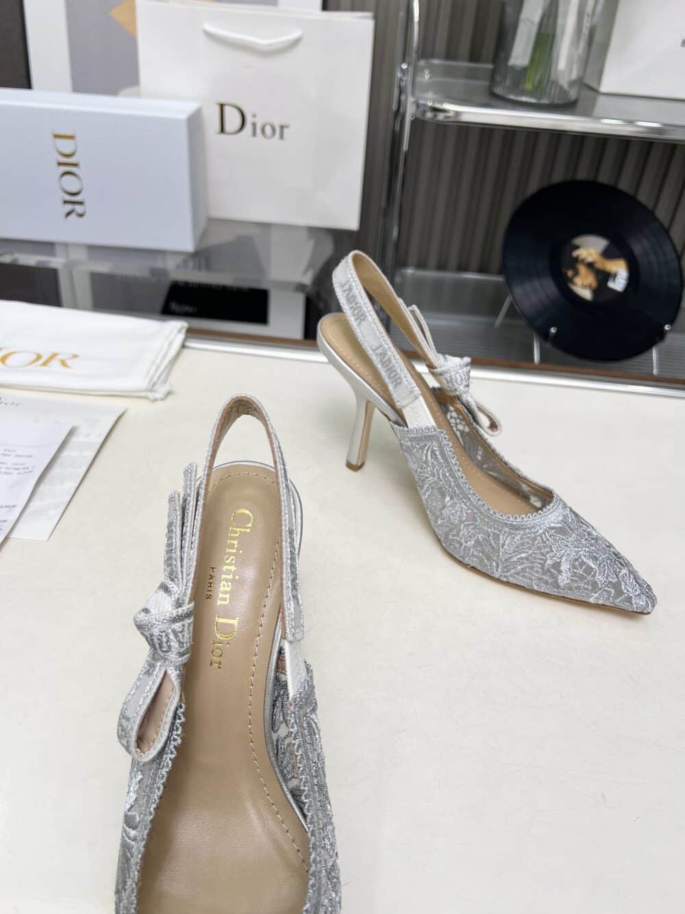 DIOR J'ADIOR SLINGBACK PUMP TRANSPARENT MESH EMBROIDERED IN GREY - Image 8